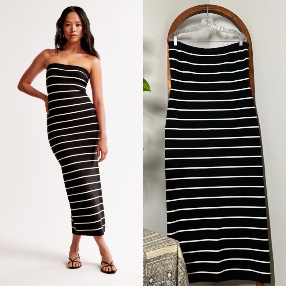 Abercrombie & Fitch XL TALL Black White Stripped Strapless Midi Sweater Dress